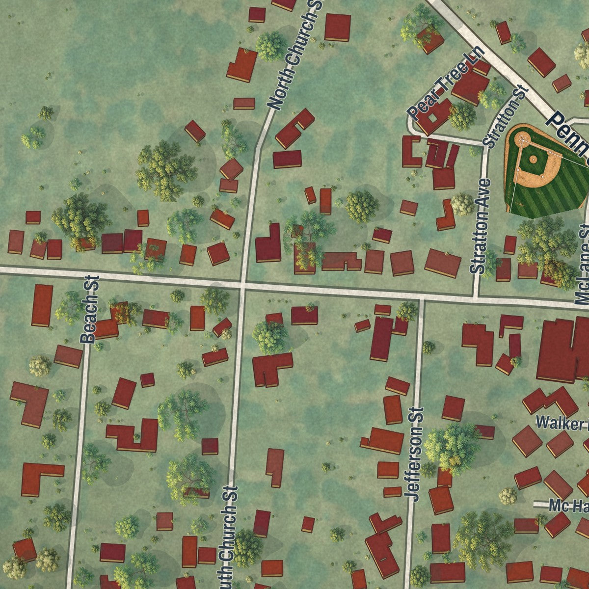 Close-up of the map of Linesville, Pennsylvania print showing street and building detail