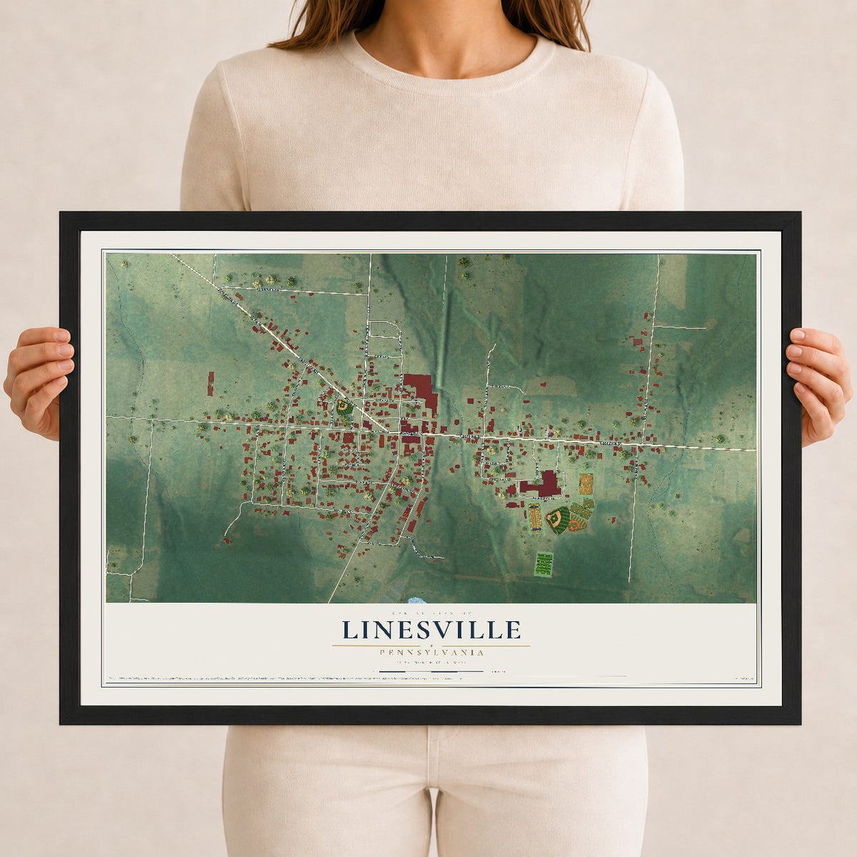 Map of Linesville, Pennsylvania, 12 x 18 inch print in a black wood frame