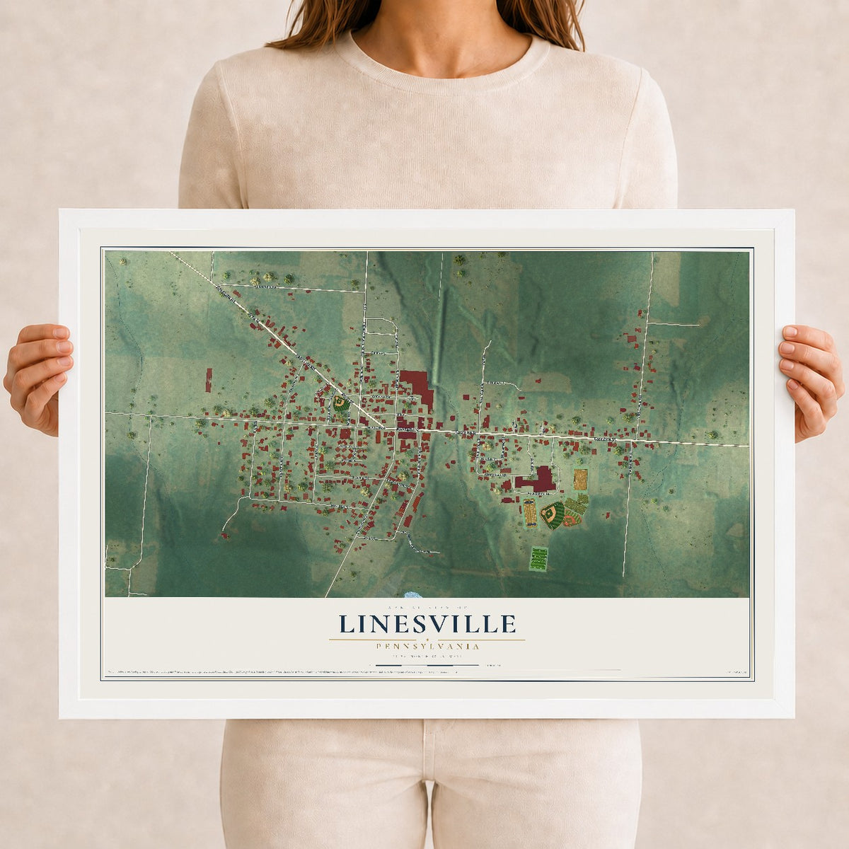 Map of Linesville, Pennsylvania, 12 x 18 inch print in a white wood frame