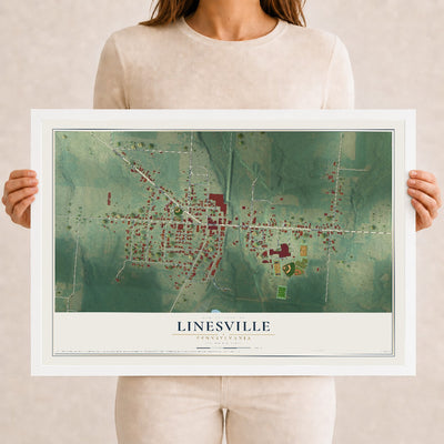 Map of Linesville, Pennsylvania, 12 x 18 inch print in a white wood frame