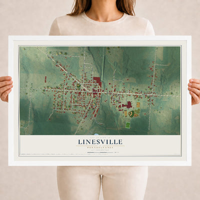 Map of Linesville, Pennsylvania, 18 x 24 inch print in a white wood frame