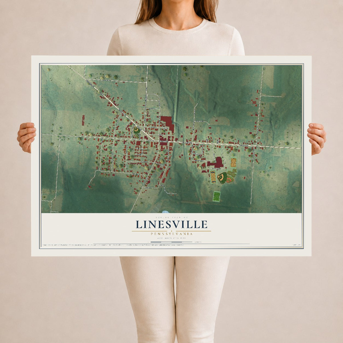 Map of Linesville, Pennsylvania, 24 x 36 inch unframed archival matte print