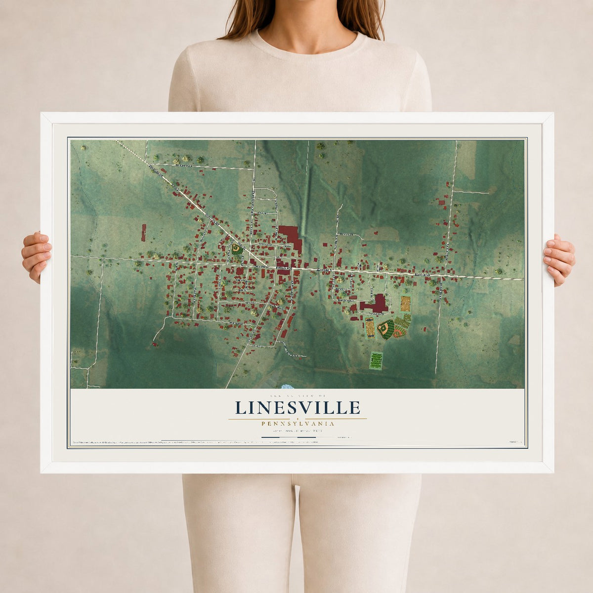 Map of Linesville, Pennsylvania, 24 x 36 inch print in a white wood frame