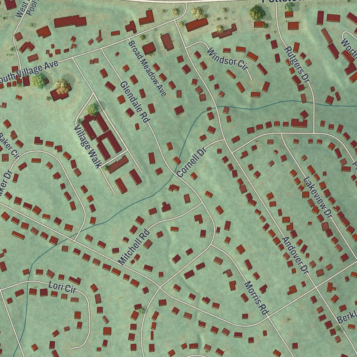 Close-up of the map of Lionville, Pennsylvania print showing street and building detail