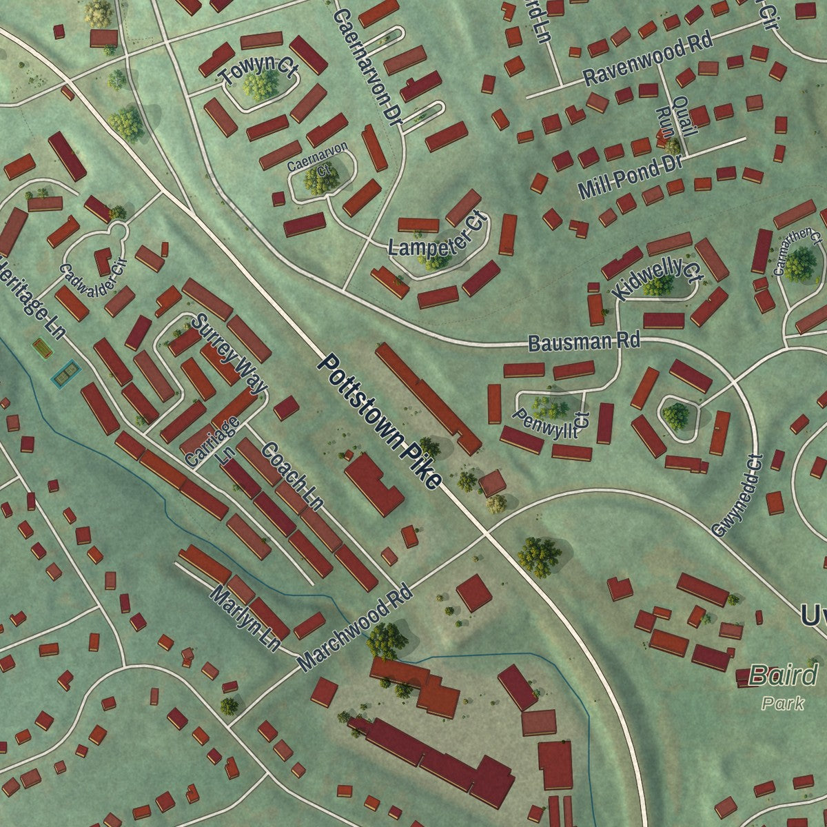 Second close-up of the map of Lionville, Pennsylvania print showing more streets and buildings
