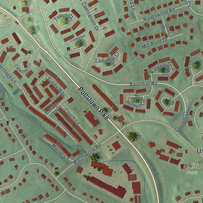 Second close-up of the map of Lionville, Pennsylvania print showing more streets and buildings