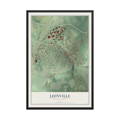 Map of Lionville, Pennsylvania, 12 x 18 inch print in a black wood frame