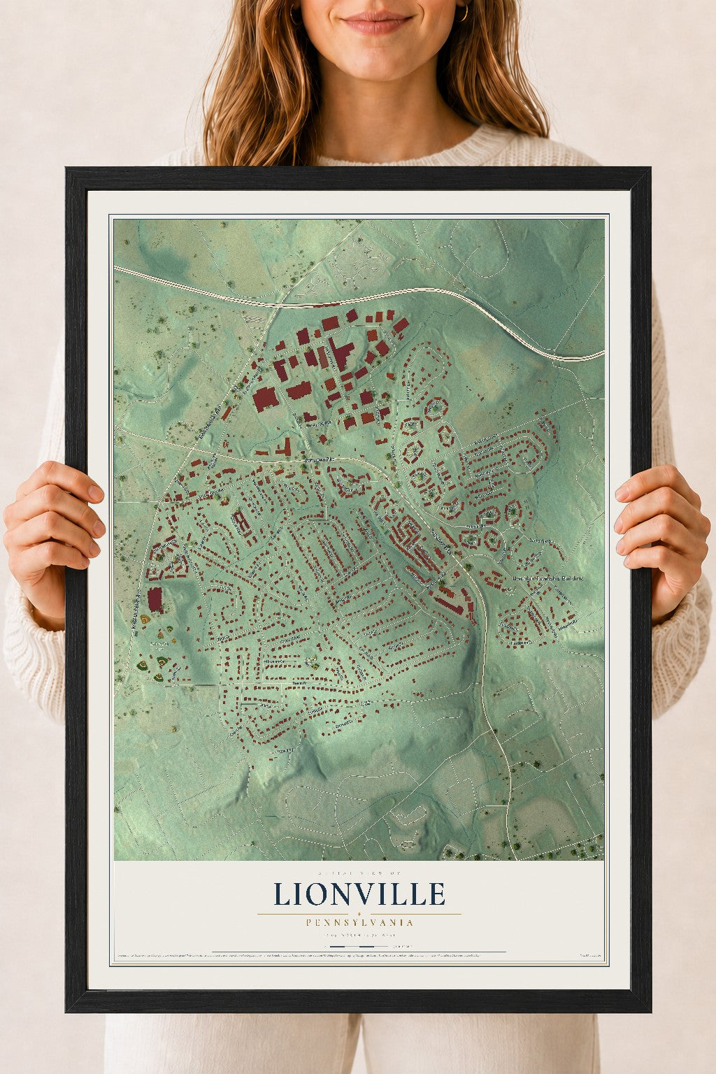 Map of Lionville, Pennsylvania, 18 x 24 inch print in a black wood frame
