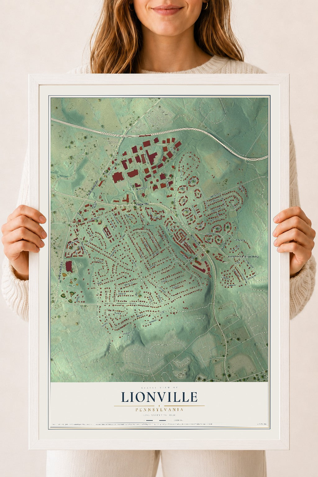 Map of Lionville, Pennsylvania, 18 x 24 inch print in a white wood frame