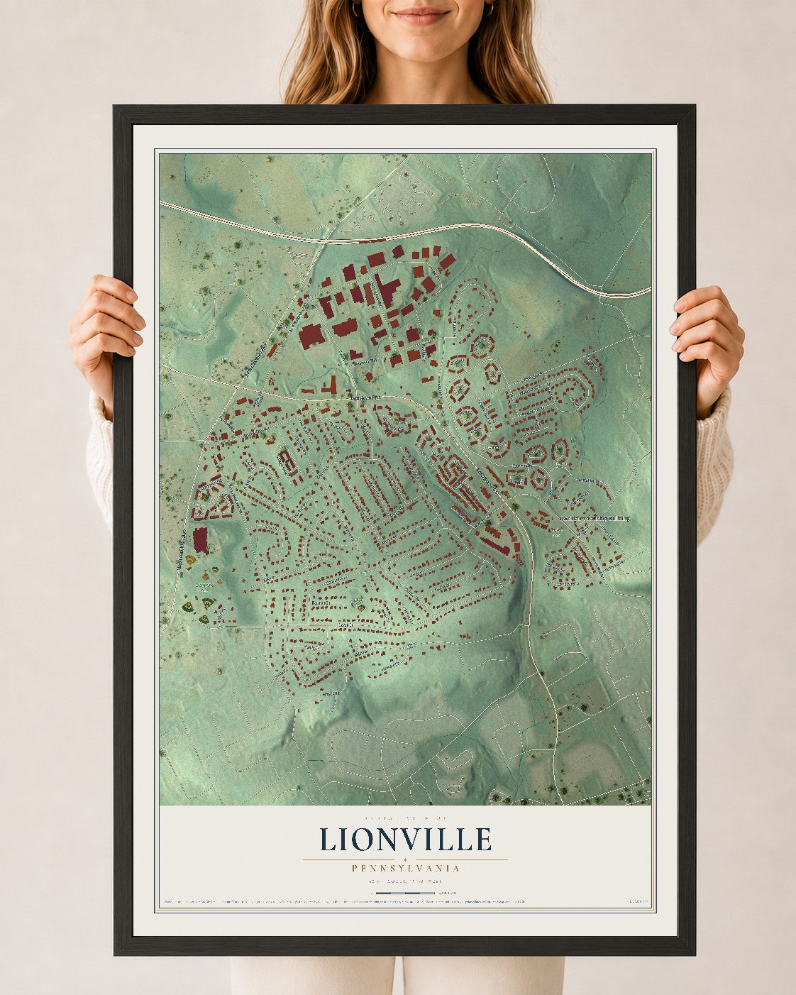 Map of Lionville, Pennsylvania, 24 x 36 inch print in a black wood frame