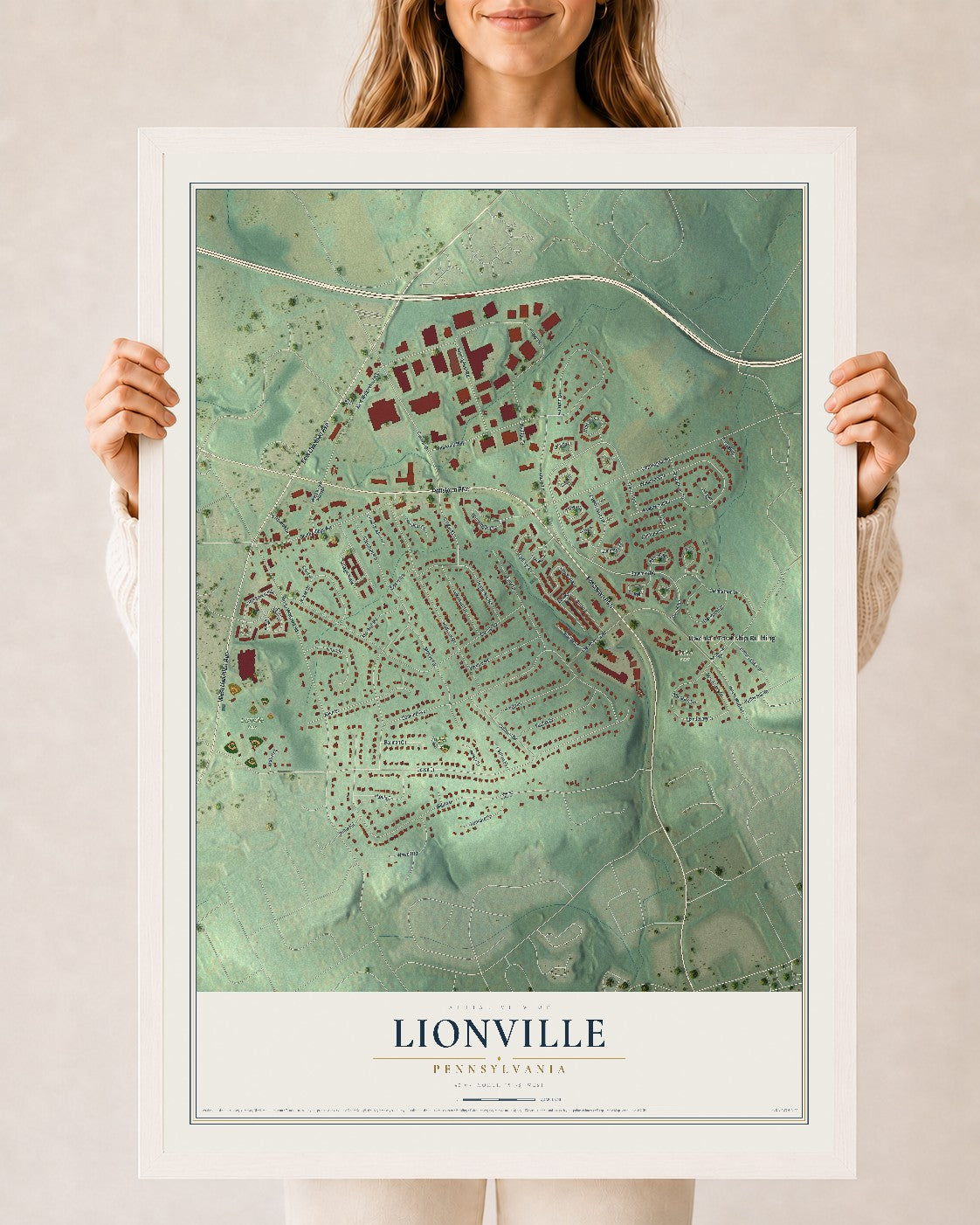 Map of Lionville, Pennsylvania, 24 x 36 inch print in a white wood frame