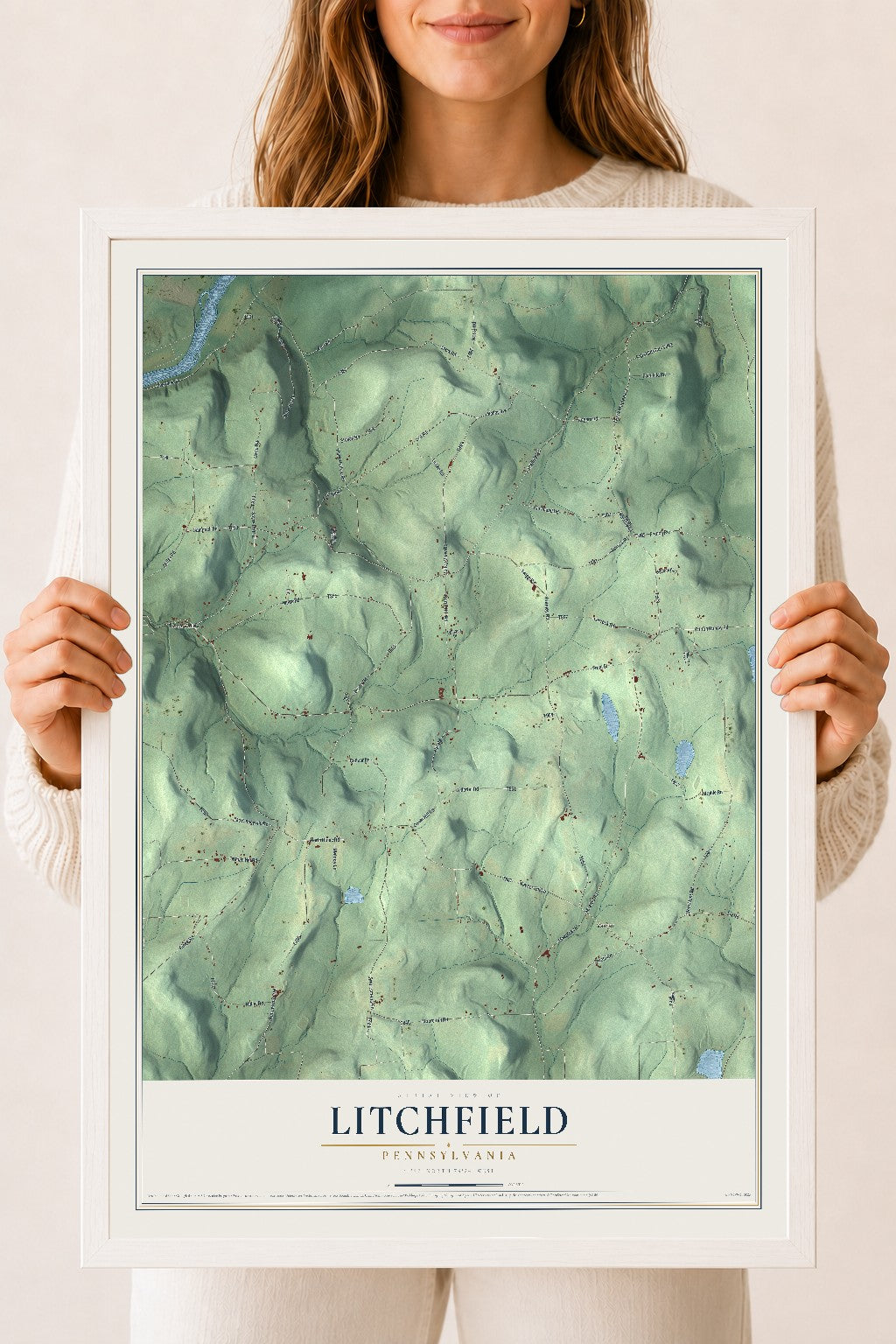 Map of Litchfield, Pennsylvania, 18 x 24 inch print in a white wood frame