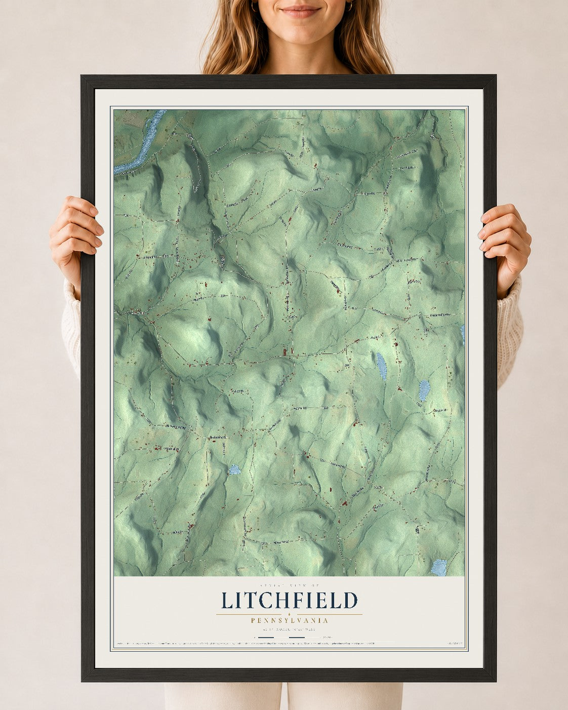 Map of Litchfield, Pennsylvania, 24 x 36 inch print in a black wood frame