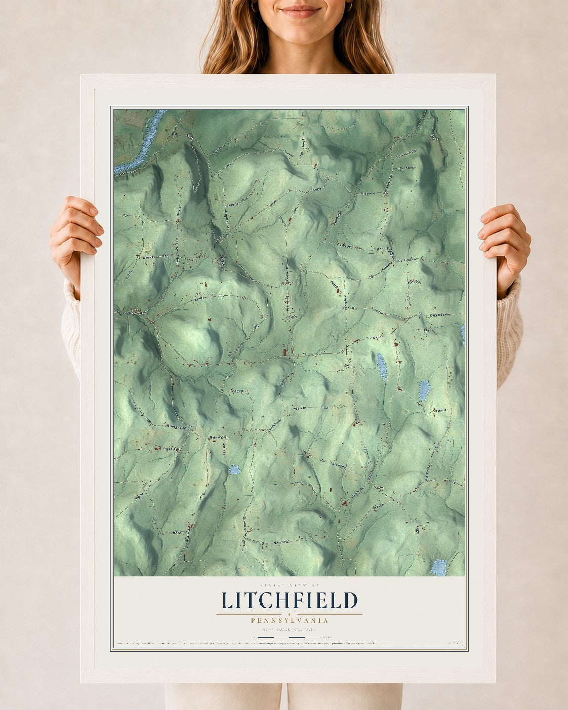 Map of Litchfield, Pennsylvania, 24 x 36 inch print in a white wood frame
