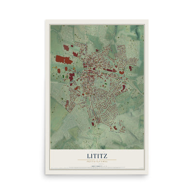 Map of Lititz, Pennsylvania, 12 x 18 inch unframed archival matte print