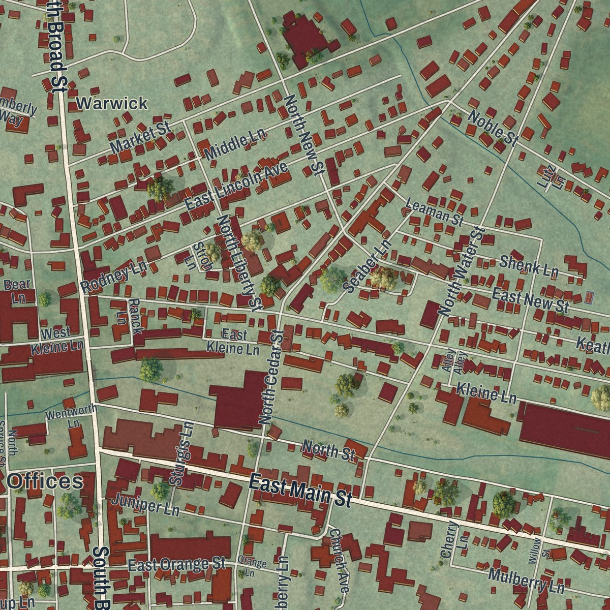 Close-up of the map of Lititz, Pennsylvania print showing street and building detail