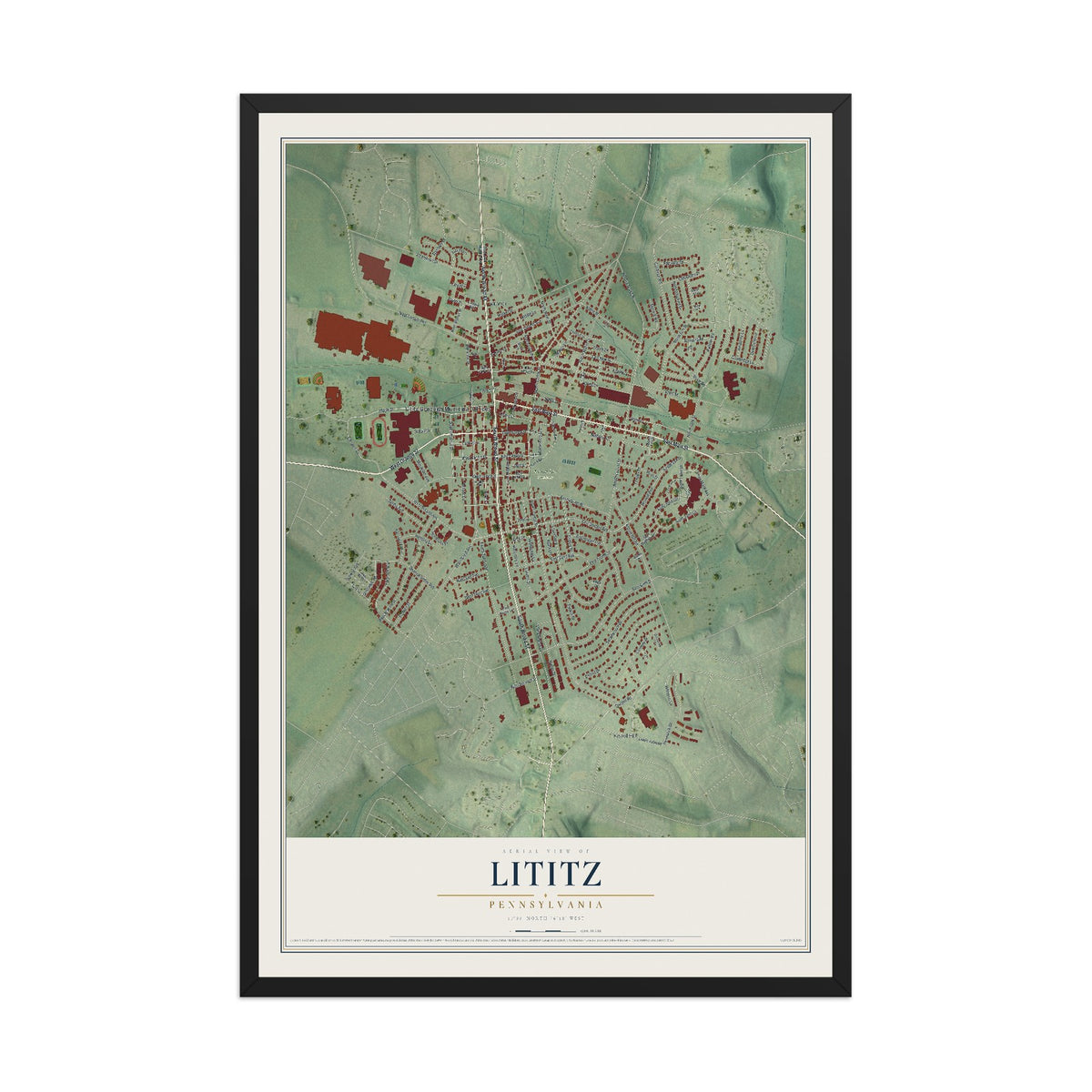 Map of Lititz, Pennsylvania, 12 x 18 inch print in a black wood frame