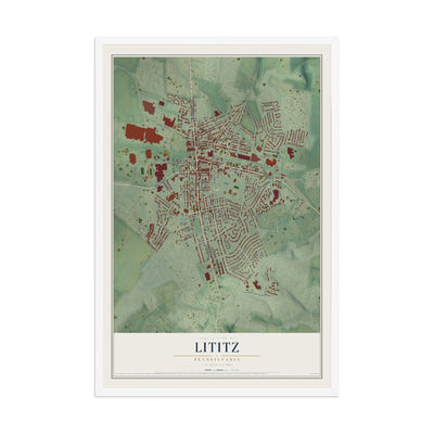 Map of Lititz, Pennsylvania, 12 x 18 inch print in a white wood frame