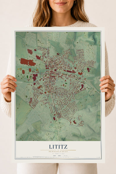 Map of Lititz, Pennsylvania, 18 x 24 inch unframed archival matte print