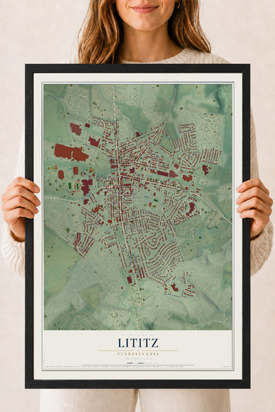 Map of Lititz, Pennsylvania, 18 x 24 inch print in a black wood frame