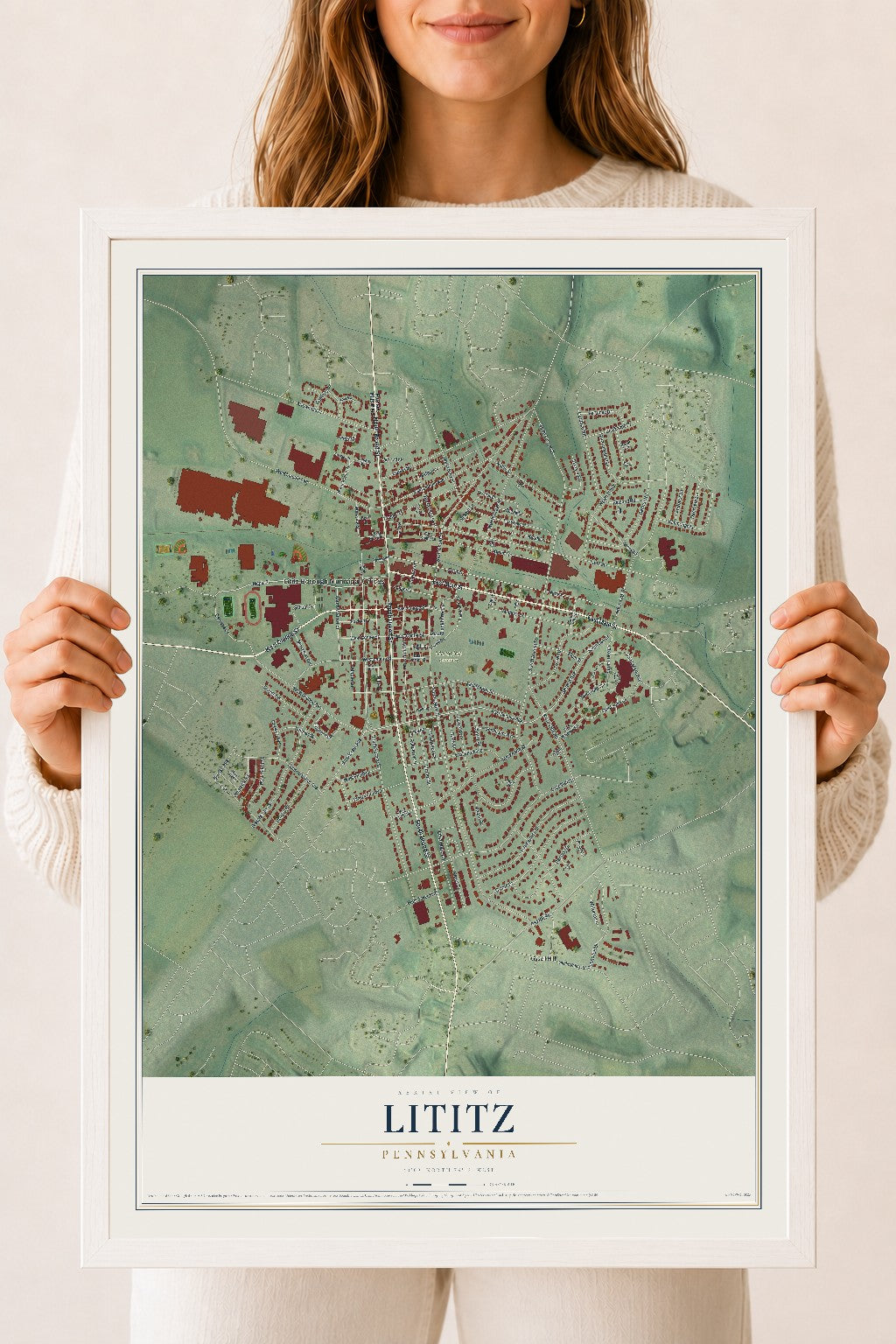 Map of Lititz, Pennsylvania, 18 x 24 inch print in a white wood frame