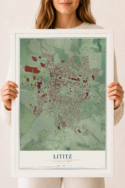 Map of Lititz, Pennsylvania, 18 x 24 inch print in a white wood frame