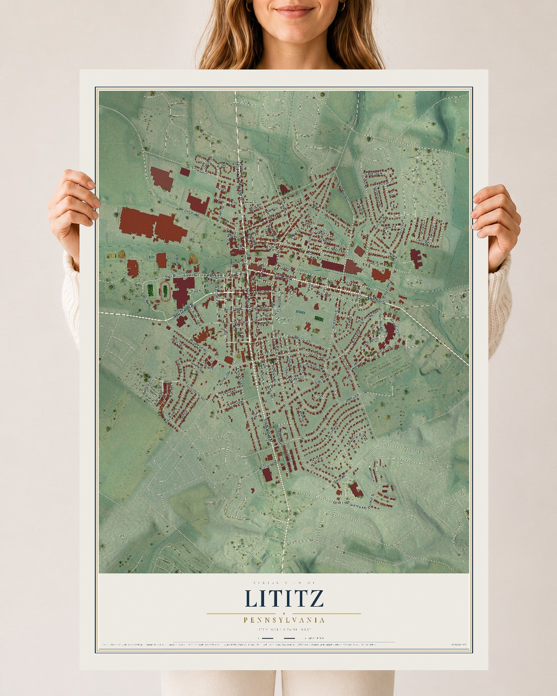 Map of Lititz, Pennsylvania, 24 x 36 inch unframed archival matte print