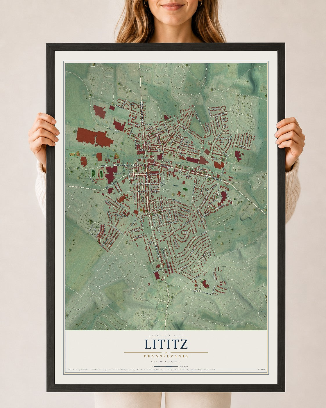 Map of Lititz, Pennsylvania, 24 x 36 inch print in a black wood frame
