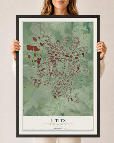 Map of Lititz, Pennsylvania, 24 x 36 inch print in a black wood frame