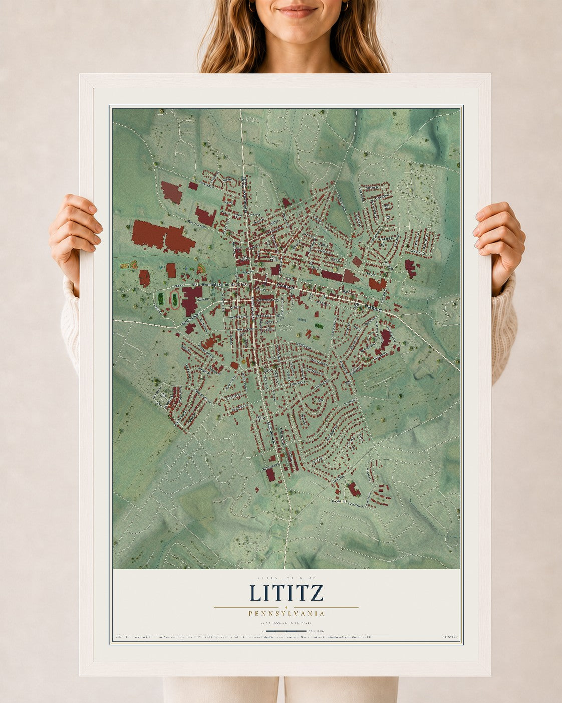 Map of Lititz, Pennsylvania, 24 x 36 inch print in a white wood frame