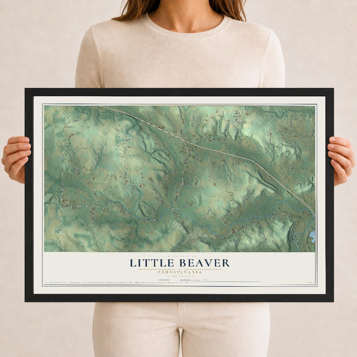 Map of Little Beaver, Pennsylvania, 12 x 18 inch print in a black wood frame