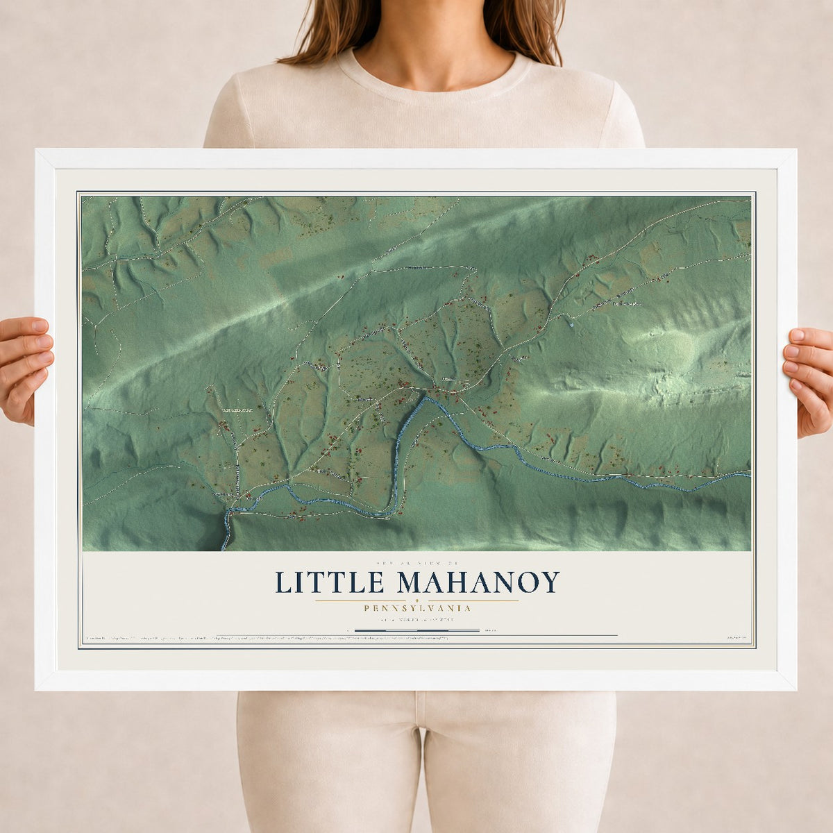 Map of Little Mahanoy, Pennsylvania, 18 x 24 inch print in a white wood frame