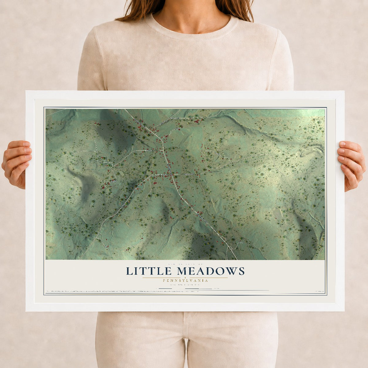 Map of Little Meadows, Pennsylvania, 12 x 18 inch print in a white wood frame