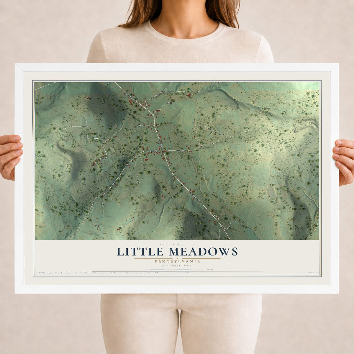 Map of Little Meadows, Pennsylvania, 18 x 24 inch print in a white wood frame
