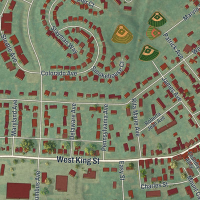 Second close-up of the map of Littlestown, Pennsylvania print showing more streets and buildings