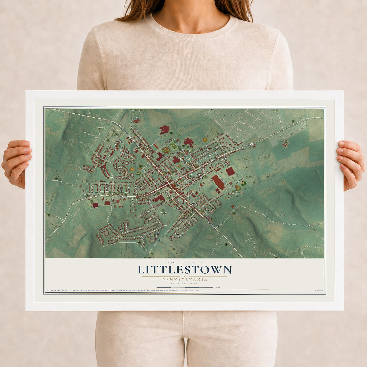Map of Littlestown, Pennsylvania, 12 x 18 inch print in a white wood frame
