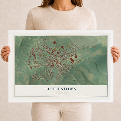 Map of Littlestown, Pennsylvania, 12 x 18 inch print in a white wood frame