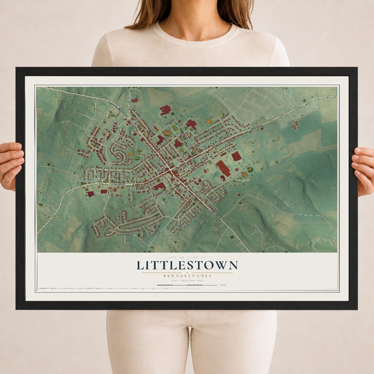 Map of Littlestown, Pennsylvania, 18 x 24 inch print in a black wood frame