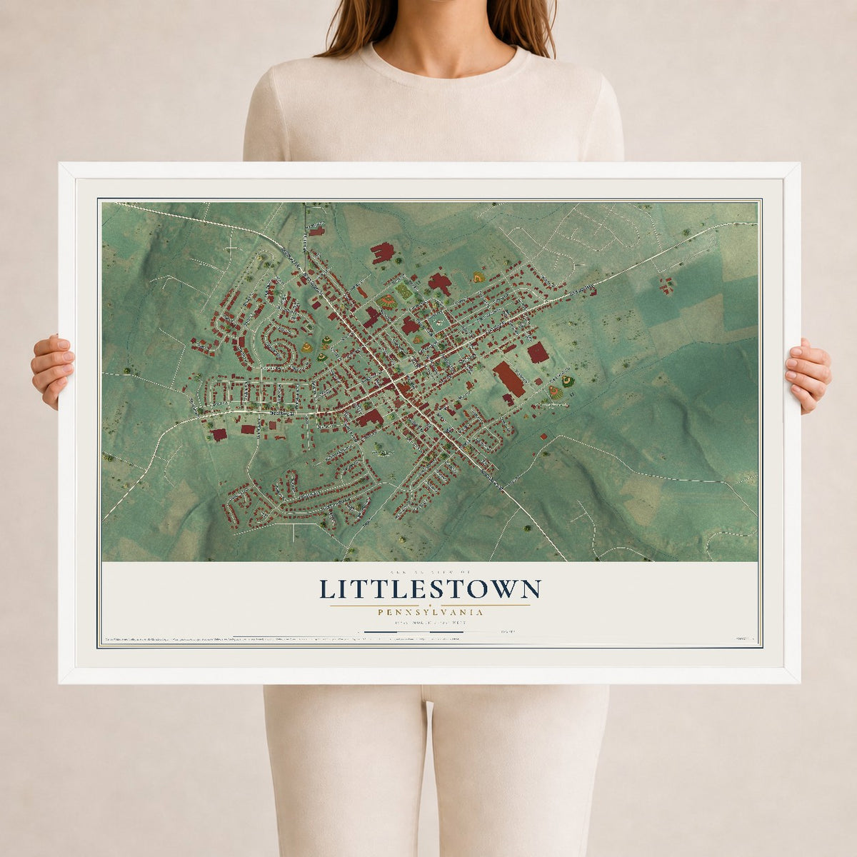 Map of Littlestown, Pennsylvania, 24 x 36 inch print in a white wood frame