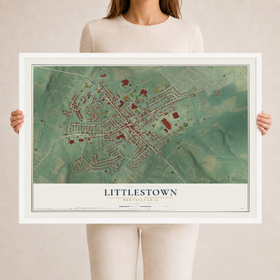 Map of Littlestown, Pennsylvania, 24 x 36 inch print in a white wood frame