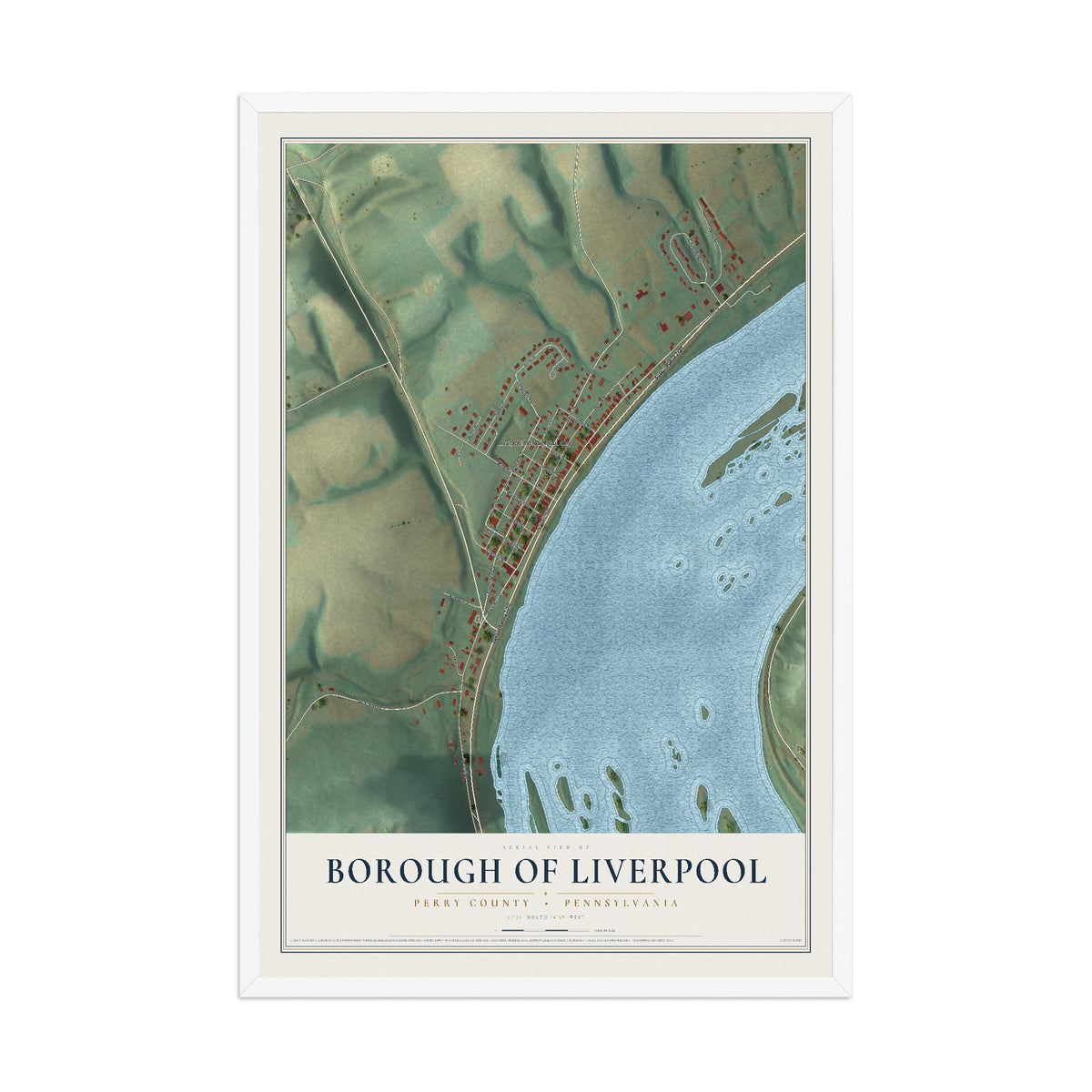 Map of the Borough of Liverpool, Perry County, Pennsylvania, 12 x 18 inch print in a white wood frame