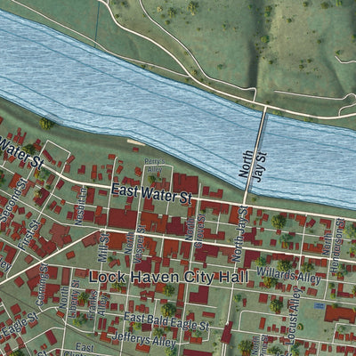 Second close-up of the map of Lock Haven, Pennsylvania print showing more streets and buildings