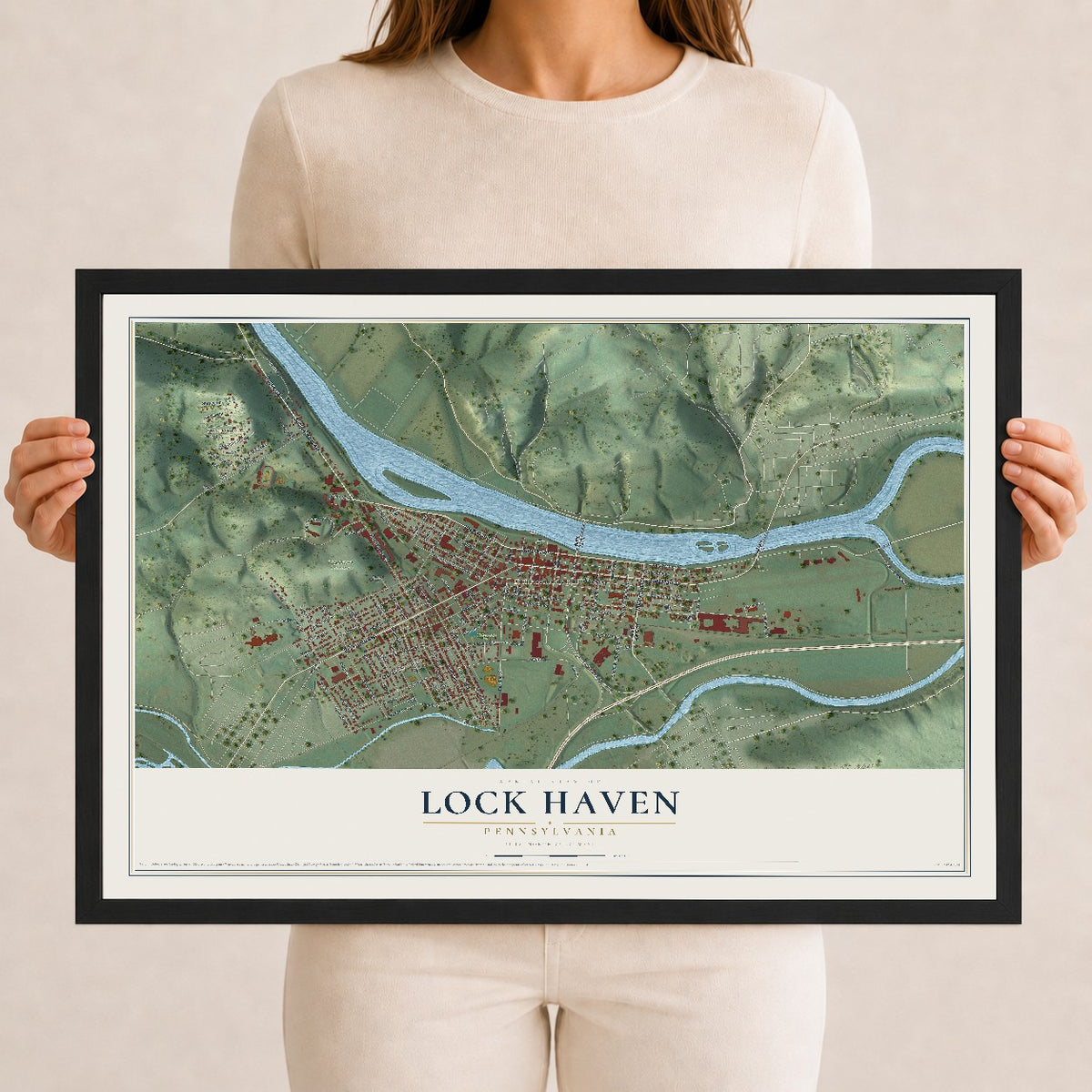 Map of Lock Haven, Pennsylvania, 12 x 18 inch print in a black wood frame