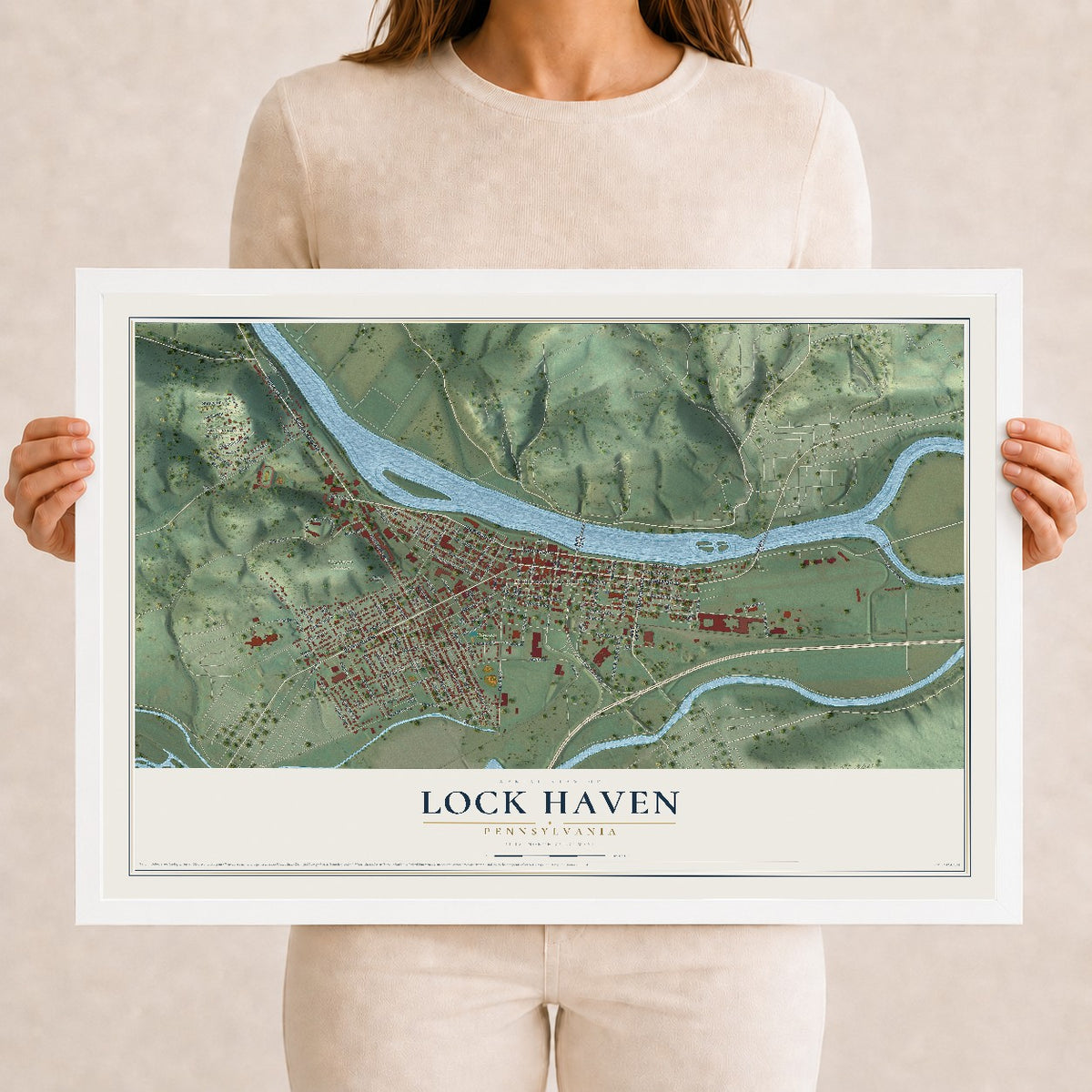 Map of Lock Haven, Pennsylvania, 12 x 18 inch print in a white wood frame
