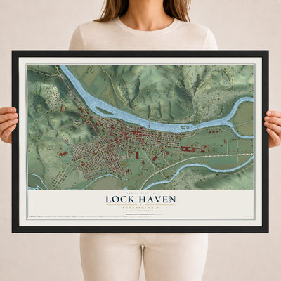 Map of Lock Haven, Pennsylvania, 18 x 24 inch print in a black wood frame