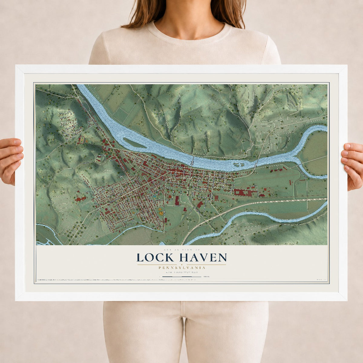 Map of Lock Haven, Pennsylvania, 18 x 24 inch print in a white wood frame