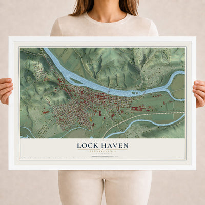 Map of Lock Haven, Pennsylvania, 18 x 24 inch print in a white wood frame