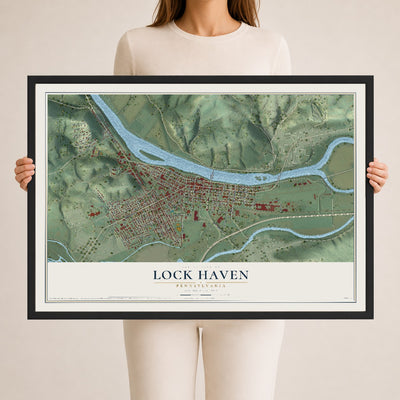 Map of Lock Haven, Pennsylvania, 24 x 36 inch print in a black wood frame