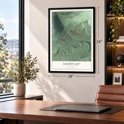 Locust Gap, Pennsylvania map, 18 x 24 inch print in a black frame in a home office