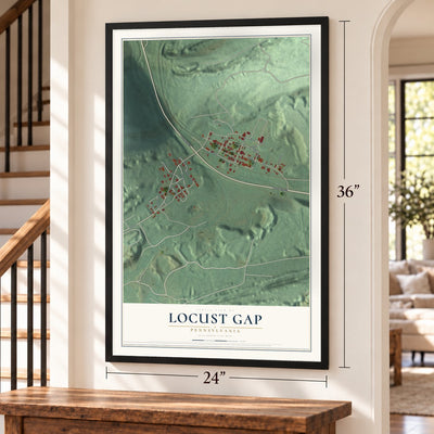 Locust Gap, Pennsylvania map, 24 x 36 inch print in a black frame by a staircase